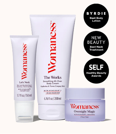 Womaness menopause Must-Haves products including a neck cream, a full body lotion, and overnight moisturizer