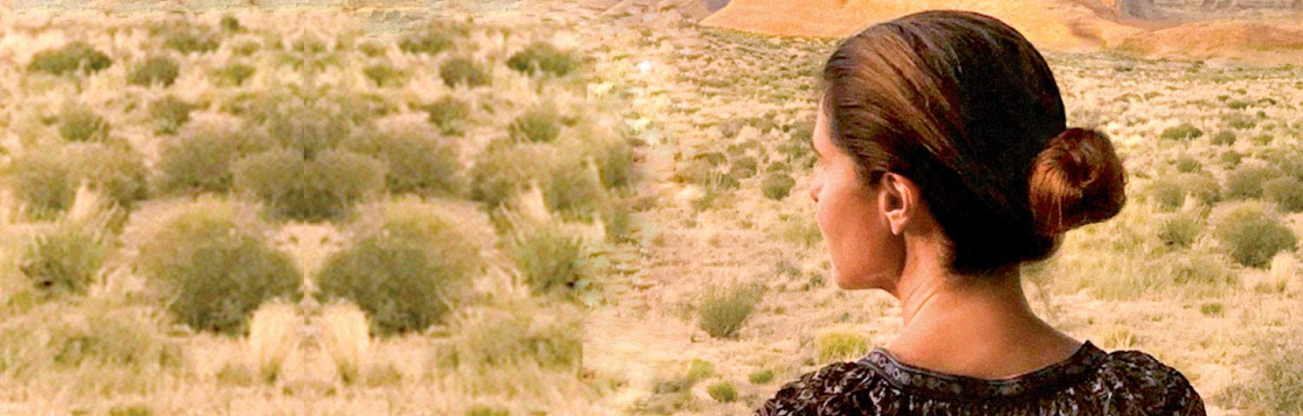 Maria Shriver with a bun looking out over a sparse desert landscape.