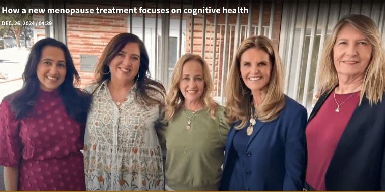 Maria Shriver, patients and Doctors standing side by side with a caption about menopause treatment and cognitive health.